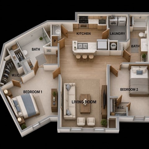Floor plan for 2 beds, 2 baths, 1123 sqft